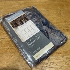 Vtg Home Essentials Kmart M Blue Silky Striped Beaded Valance Scalloped 54x15"